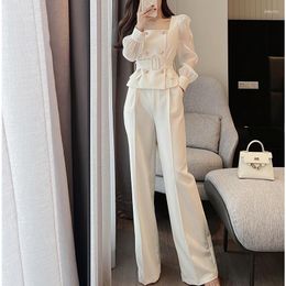 Women's Two Piece Pants Loose Tailored Trousers Wide Leg Pant Suits Autumn Square Collar Double-breasted Blazers Women Belt Waist Thin Coat