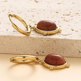 Hoop Earrings Vintage Brown Natural Stone Stainless Steel For Women Fashion Geometric Oval Shaped Party Jewelry Gifts