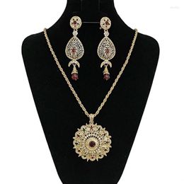 Pendant Necklaces Gold Plated Necklace Set For Bridal Green Red Rhinestone Pendants Water Drop Earring Morocco Arabic Wedding Jewellery Women