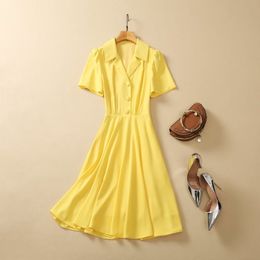 2023 Summer Yellow Solid Colour Dress Short Sleeve Lapel Neck Buttons Knee-Length Casual Dresses A3Q012215