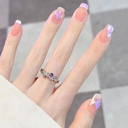 False Nails Purple White Diamond Check Design Short Ballet Full Cover Detachable Finished Fake Press On With Glue