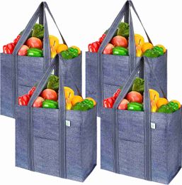 VENO 4 Pack Reusable Grocery Shopping Bag w/Hard Bottom Foldable Multi-Purpose Heavy-Duty Tote Daily Utility Stands Upright Sustainable (Set of - Gray) HKD230807