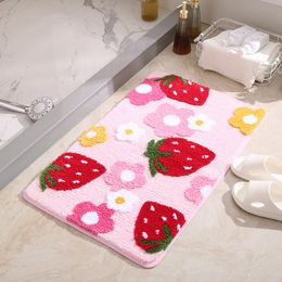 Carpet Cute Strawberry Flocking Bath Mat Pink Sweet Girls Home Decor Carpet Bedroom Rug Non-slip Absorbent Hallway Entrance Door Mat 230804