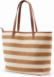 KALIDI Straw Tote Beach Bag Striped Shoulder Handbag Stitch Woven PU Leather Handle Zipper Pocket Travel Shopping Picnic HKD230807