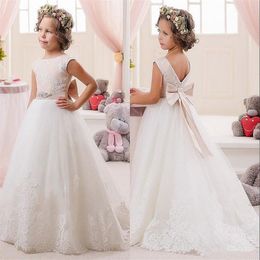 Vestido princesa de renda com decote canoa flor para meninas para casamento tule longo vestido de concurso para meninas organza vestido de primeira comunhão para meninas festa G220o