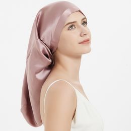 Wide Brim Hats Bucket 100 Mulberry Silk Sleeping Cap Long Hair Night Sleep Bonnet Cover for Women Care 60 33CM 230807