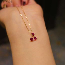 S925 Silver Plated 14K Gold Necklace Cherry Pendant Clavicle Chain Red Corundum Jewellery L230704