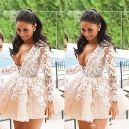 Party Dresses Deep V Neck Champagne Tulle Homecoming Dress For Women Long Sleeve A Line Mini Cocktail With Lace Flower Appliques 2023