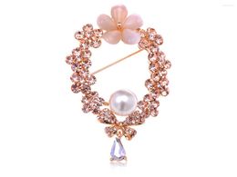 Brooches Golden Tone Topaz Rhinestone Faux Pearl Floral Wreath Bow Brooch Pin