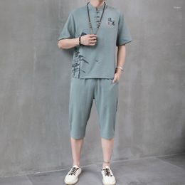 Men's Tracksuits Summer Casual Suit Chinese Tang Two-piece Short-sleeved T-shirt Trousers Taiji Zen Work Clothes