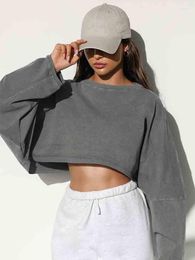 Women's T Shirts Grey Pullover Long Sleeve O Neck Top Simple Super-short 2023 Fashion Woman Loose Vintage Tops Clothes Ladies White T-shirt