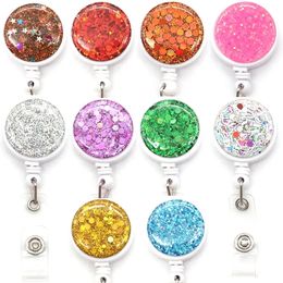 10 Pcs/Lot Fashion Key Rings Multicolor Glitter Bling Round Badge Reel Nursing Gift Office Supply For Work Decoration Resin Badge Holder Nurse Accessories