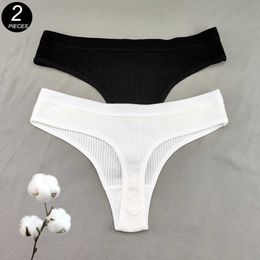 2PCS/Set Classic Black White G-string Panties Women's Cotton Thong Underwear Sexy Panty Female Underpants Solid Colour L230626