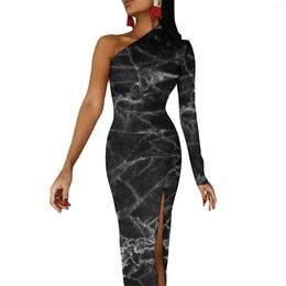 Casual Dresses Black Marble Design Bodycon Dress Autumn Natural Marbles Trendy High Slit Long One Shoulder Printed Party