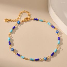 Anklets Bohemian Ethnic Style Blue Rice Beads 18k Gold Plated Chain Anklet For Women Devil's Eye Styling Beach Elegant Jewellery