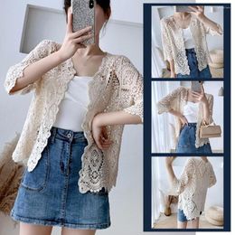 Women's Knits Women Knitted Lace Shrug Boho Hollow Crochet Floral Sleeves Cropped Cardigan 3/4 Open Elegant Coveup Sweater Front Mesh Z1H4