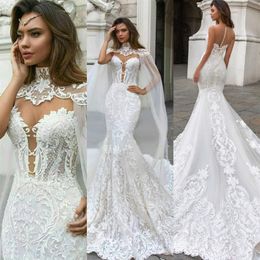 Princess Mermaid Wedding Dress With Cape Sexy High Neck Bohemian Wedding Dress Applique Plus Size Dubai Bridal Gown Cheap Vestidos251f