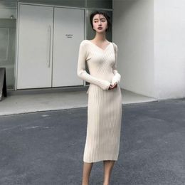 Casual Dresses 2023 Autumn Winter V-neck Slim Sexy Wrap Hip Over Knee Waist Knitted Dress Women Bodycon Pullover Bottom