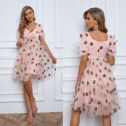 Party Dresses Elegant Princess Strawberry Sequin Mini Skirt Casual Bubble Sleeve Women Dress Summer Sexy Gauze Vintage Evening