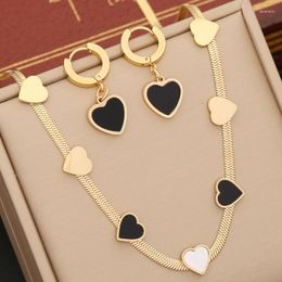 Link Bracelets Stainless Steel Clavicle Chain Set For Women Black White Love Heart Pendant Earrings Necklace Bracelet Anniversary Jewelry