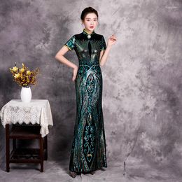 Ethnic Clothing Velour Formal Party Dress Women Bling Sequins Sexy Qipao Mandarin Collar Cheongsam Vintage Button Oversize Chinese Vestidos