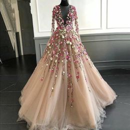 Fairy 3D Floral Flowers Prom Dresses Long Sheer Neckline Handmade Flowers Tulle Long Sleeves Chic Evening Dress Tulle Princess Par2456