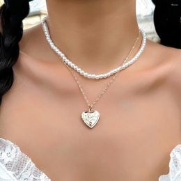 Pendant Necklaces IngeSight.Z Double Layer Carved Peach Heart Necklace For Women Elegant White Imitation Pearl Beads Choker