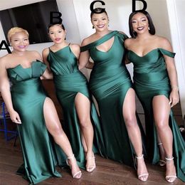 Cheap Bridesmaid Dresses Latest Different Neckline 2020 Sexy Ruched High Side Split Long Prom Dress Maid of Honour Gowns Dark Green230W