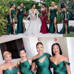 2023 Dark Green Bridesmaid Dresses African Sexy Long Side Split For Weddings Mermaid Floor Length Satin Plus Size Formal Maid of H291W