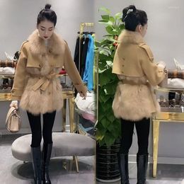 Women's Fur Imitation Patchwork Integrated Jacket For 2023 Winter Westernised And Slimming Leather U-neck Versatile Top