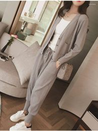 Women's Two Piece Pants Elegant Sets 2023 Spring Autumn Casual Solid Long Sleeve Cardigan Top Set Korean Fashion Loose Women Pant