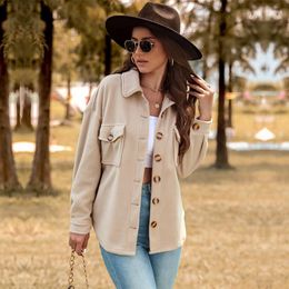 Women's Jackets Fashion Autumn Winter Solid Colour Long Sleeved Fleece Jacket Colour Shirt Tweed Short Coat