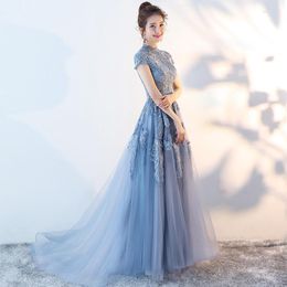 Ethnic Clothing Blue Exquisite Appliques Cheongsam Sequins Qipao Train Retro Celebrity Mandarin Collar Dresses Bandage Formal Party Vestidos