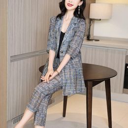 Women's Two Piece Pants Female 2023 Fashion Women Summer 3/4 Sleeve Buttons Blazers Jacket High Waisted Suits Plaid Sets Y775