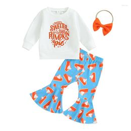 Clothing Sets Girls Halloween 3PCS Pants Long Sleeve Letter Print Sweatshirt Pumpkin Pie Flared Headband
