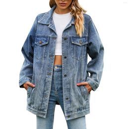 Women's Jackets Women Vntage Jeans Turn-Down Collar Long Sleeves Buckle Coats Ladies Retro Washed Oversize Fashion Streetwear