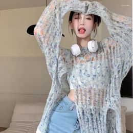 Women's Sweaters Sweet Girl Knitted Long-sleeved Sunscreen Tops Hollow Irregular 2023 Autumn High Waist Split Loose Slim Pullovers