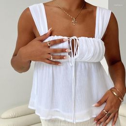 Women's Tanks BEELADAN Y2K Spaghetti Strap Camis Tops Women Casual Ruffles Sleeveless Square Neck Lace-up Solid Tank Mini Vests Chic Slim