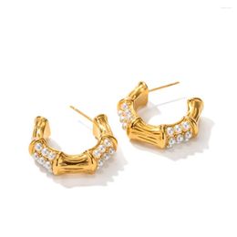 Stud Earrings Youthway Stainless Steel Pearl Bamboo C-Shape Gold Color Texture Waterproof Charm Jewelry