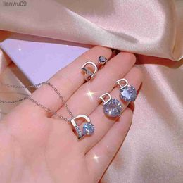 Fashion 925 Silver Needle Letter D Round Inlaid Cubic Zircon Earrings Ring Necklace For Women Wedding Jewellery Girlfriend Gift L230704