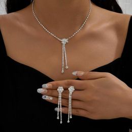 Necklace Earrings Set Shiny Zircon Flower Fashion Luxury Tassel Statement Jewelry For Women Wedding Party Long Chain And Earring Gifts