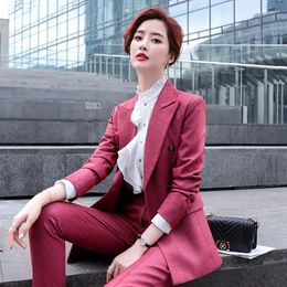 Women's Two Piece Pants IZICFLY Style Winter Spring Red Plaid 2 Set Women Suit Blazer And Office Business With Trouser Work Wear