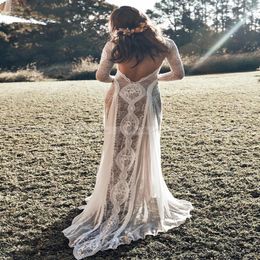 Vintag Gowns Dresses Lace Backless Boho Beach Wedding Long Sleeve Nude Lining Country Bohemian Hippie Gypsy Bride308F