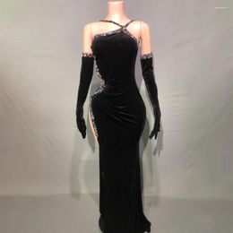 Stage Wear Sparkly Rhinestones Black Velvet High Split Long Dress Gloves Set Sexy Backless Evening Celebrate Birthday Show