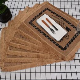 Table Mats Natural Jute Burlap Tassels Printed Place Mat Pad Cloth Coffee Tea Placemat Cup Christmas Party Dish Doily