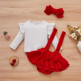 Clothing Sets 0-18M Valentines Day Born Infant Baby Girl Clothes Set Knitted Ruffles Romper Red Bow Shorts Overall Xmas Outfit DD40