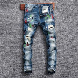 Men's Jeans Street Style Fashion Men Retro Blue Elastic Slim Fit Painted Ripped Stretch Trousers Hip Hop Denim Pants Hombre