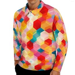 Men's Polos Colourful Hives Casual T-Shirts Honeycombs Polo Shirts Men Retro Shirt Daily Long Sleeve Printed Clothing Big Size 4XL 5XL