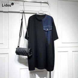 Основные повседневные платья корейская круглая лоскутная джинсовая ткань плюс размер летний черный универсальный короткий рукав свободный футболка с средней длиной.