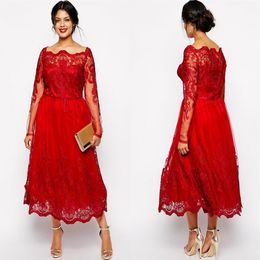 Red Full Lace Plus Size Formal Dresses Sheer Bateau Long Sleeve Evening Gowns Tea Length A-Line Mother Of The Bride165x